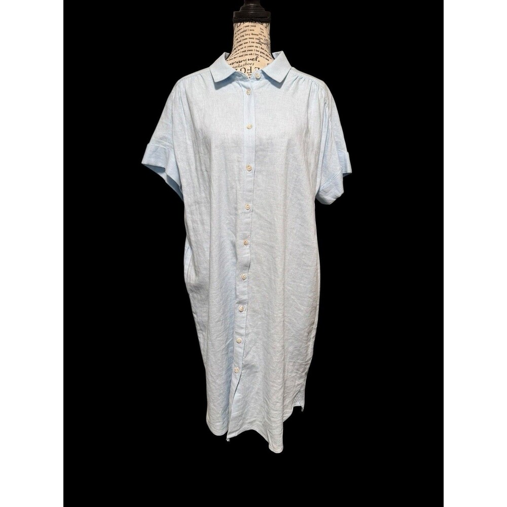 Linen Shirt Dress Button Front Sz Lg Blue Well Worn Lagenlook Minimalist